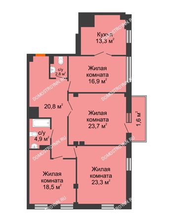 4 комнатная квартира 125,8 м² в ЖК Премиум, дом № 2