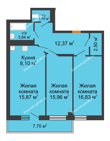 3 комнатная квартира 79,52 м² в ЖК Сокол на Оганова, дом Литер 1