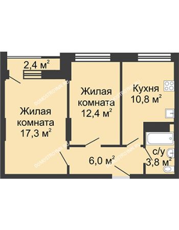 2 комнатная квартира 50,3 м² - ЖД по ул. Сазанова