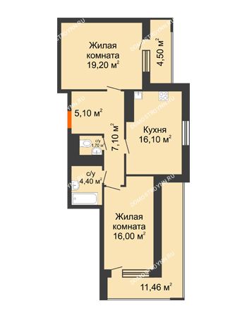 2 комнатная квартира 77,58 м² в ЖК Корица, дом № 1