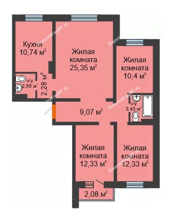 4 комнатная квартира 88,48 м² в ЖК Иннoкeнтьeвcкий, дом № 4