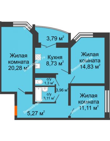 3 комнатная квартира 74,98 м² в ЖК По ул. Космонавтов, 23в, дом Позиция 1