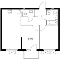 2 комнатная квартира 51,6 м² в ЖК Савин парк, дом корпус 6 - планировка