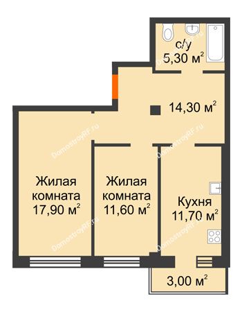 2 комнатная квартира 61,7 м² в Микрорайон Европейский, дом №9 блок-секции 1,2