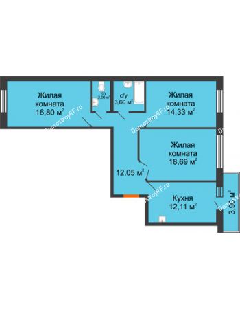 3 комнатная квартира 81,49 м² в ЖК Бограда, дом № 2