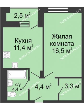 1 комнатная квартира 41,25 м² в ЖК Октава, дом № 4