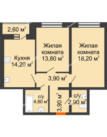 2 комнатная квартира 63 м² в ЖК Шестое чувство, дом 2 очередь 1 позиция