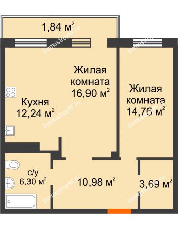 2 комнатная квартира 66,71 м² в ЖК Норма, дом № 2
