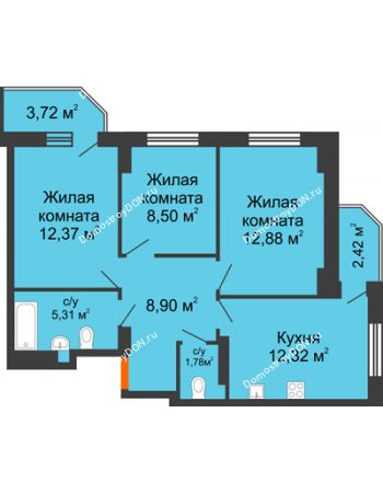 3 комнатная квартира 64,39 м² в ЖК Свобода, дом №2