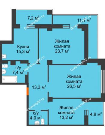 3 комнатная квартира 112,7 м² в ЖК Перья, дом № 1, 4 этап