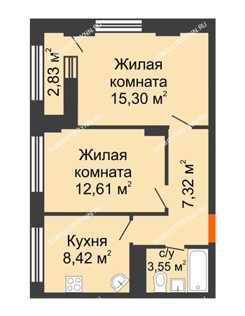 2 комнатная квартира 48,62 м² - ЖК Каскад на Сусловой