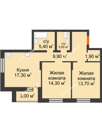 2 комнатная квартира 69 м² в ЖК Подкова на Цветочной, дом № 8
