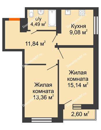 2 комнатная квартира 54,69 м² в ЖК Журавли, дом №2