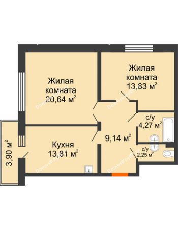2 комнатная квартира 66,28 м² в ЖК Бограда, дом № 2
