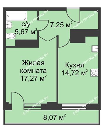 1 комнатная квартира 48,94 м² - ЖК На Ошарской