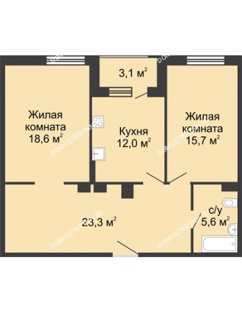 2 комнатная квартира 76,45 м² в ЖК Сердце Нижнего, дом № 35