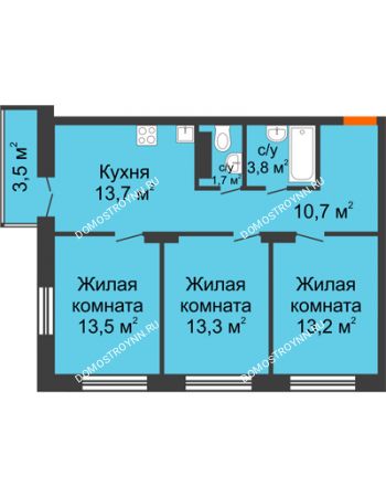 3 комнатная квартира 71,5 м² в ЖК Заречье, дом №1, секция 2