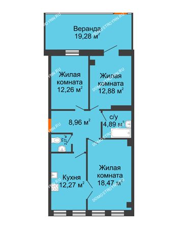 3 комнатная квартира 91,28 м² в ЖК Дом на Провиантской, дом № 12