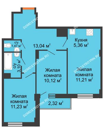 3 комнатная квартира 56,23 м² - ЖК Каскад на Ленина