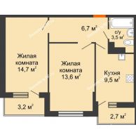 2 комнатная квартира 50,7 м² в ЖК Акварели-2, дом Литер 4 - планировка
