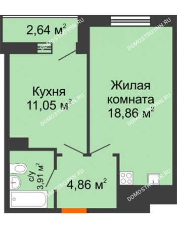 1 комнатная квартира 41,32 м² - ЖК Комарово