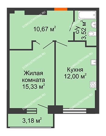 1 комнатная квартира 43,31 м² - ЖК Орбита