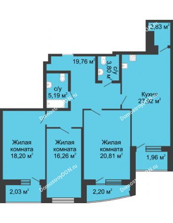 3 комнатная квартира 125,6 м² в ЖК Тихий Дон, дом № 3