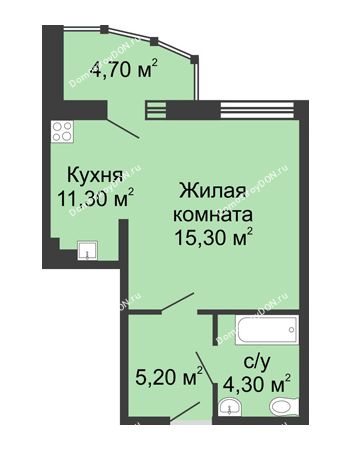 1 комнатная квартира 40,8 м² в ЖК Мега, дом № 118, секция 2