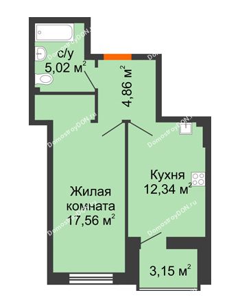 1 комнатная квартира 41,36 м² в ЖК Аврора, дом № 3