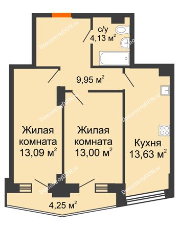 2 комнатная квартира 55,72 м² в ЖК Рубин, дом Литер 3