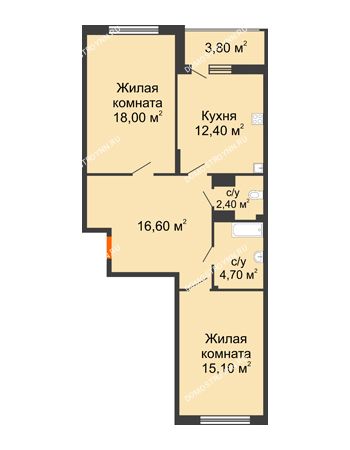 2 комнатная квартира 71,1 м² в ЖК Цветы, дом № 6-2