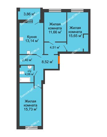 3 комнатная квартира 77,6 м² в ЖК Измаильский экоквартал, дом 1 этап