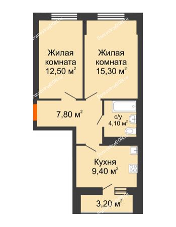 2 комнатная квартира 50,7 м² в ЖК Новая Пальмира, дом № 65
