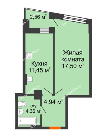 1 комнатная квартира 39,53 м² в ЖК Рубин, дом Литер 2