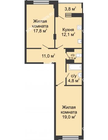 2 комнатная квартира 69 м² в ЖК Цветы, дом № 15
