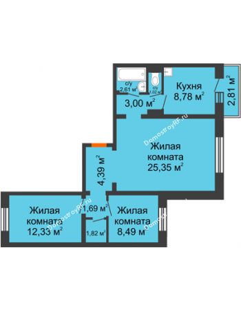 3 комнатная квартира 70,32 м² в Микрорайон Нанжуль-Солнечный, дом № 5