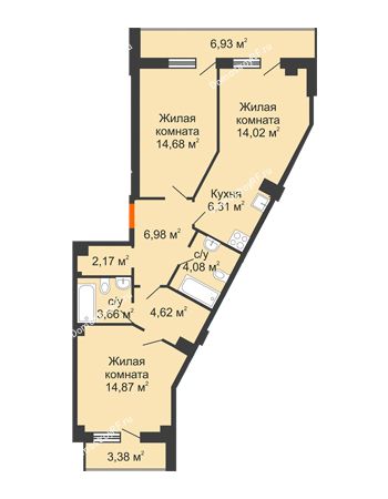 2 комнатная квартира 76,54 м² - КД Гран-При