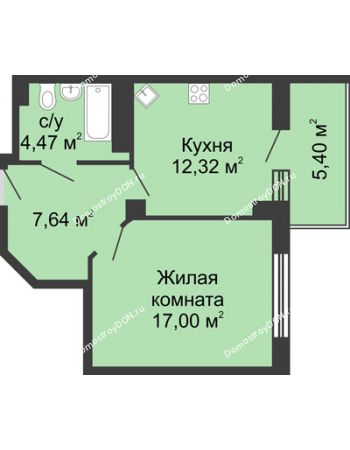1 комнатная квартира 43,05 м² в ЖК Мега, дом № 116, секция 2