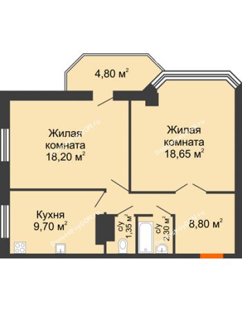 2 комнатная квартира 63,7 м² в ЖК Донские Просторы, дом Позиция 1