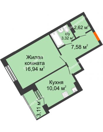 1 комнатная квартира 42,05 м² - ЖД Кислород