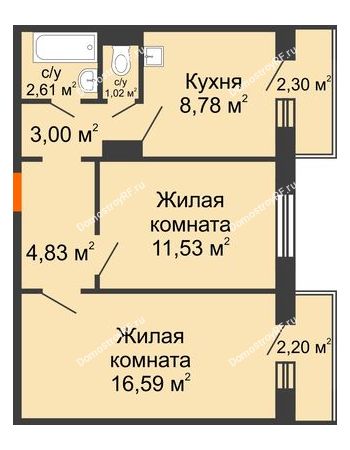 2 комнатная квартира 50,51 м² в ЖК Иннoкeнтьeвcкий, дом № 6