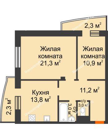 2 комнатная квартира 66,2 м² в ЖК Спутник, дом Позиция 4