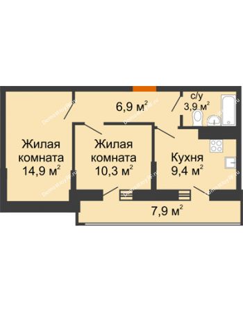 2 комнатная квартира 45,4 м² в ЖК Грани, дом Литер 4
