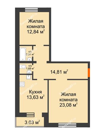 2 комнатная квартира 71,59 м² в ЖК Троицкий, дом № 2