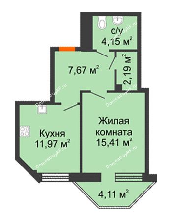 1 комнатная квартира 42,62 м² в ЖК Чернавский, дом 2 этап 