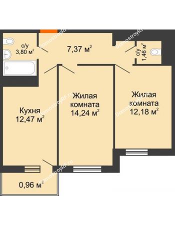 2 комнатная квартира 52,48 м² в ЖК Поколение, дом Литер 2