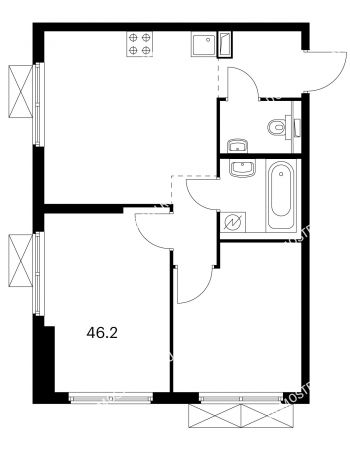 2 комнатная квартира 46,2 м² в ЖК Савин парк, дом корпус 3
