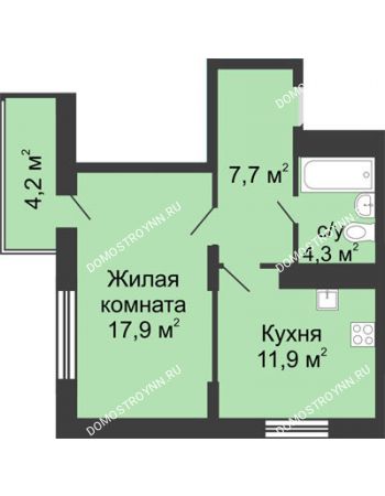 1 комнатная квартира 43,06 м² в ЖК Цветы, дом № 11