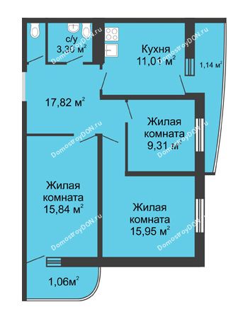 3 комнатная квартира 76,85 м² - ЖК Центральный-3