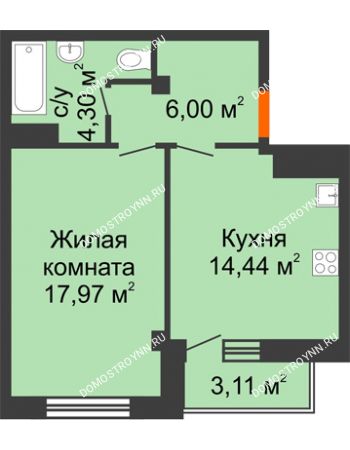1 комнатная квартира 42,71 м² - ЖД Анкудиновский